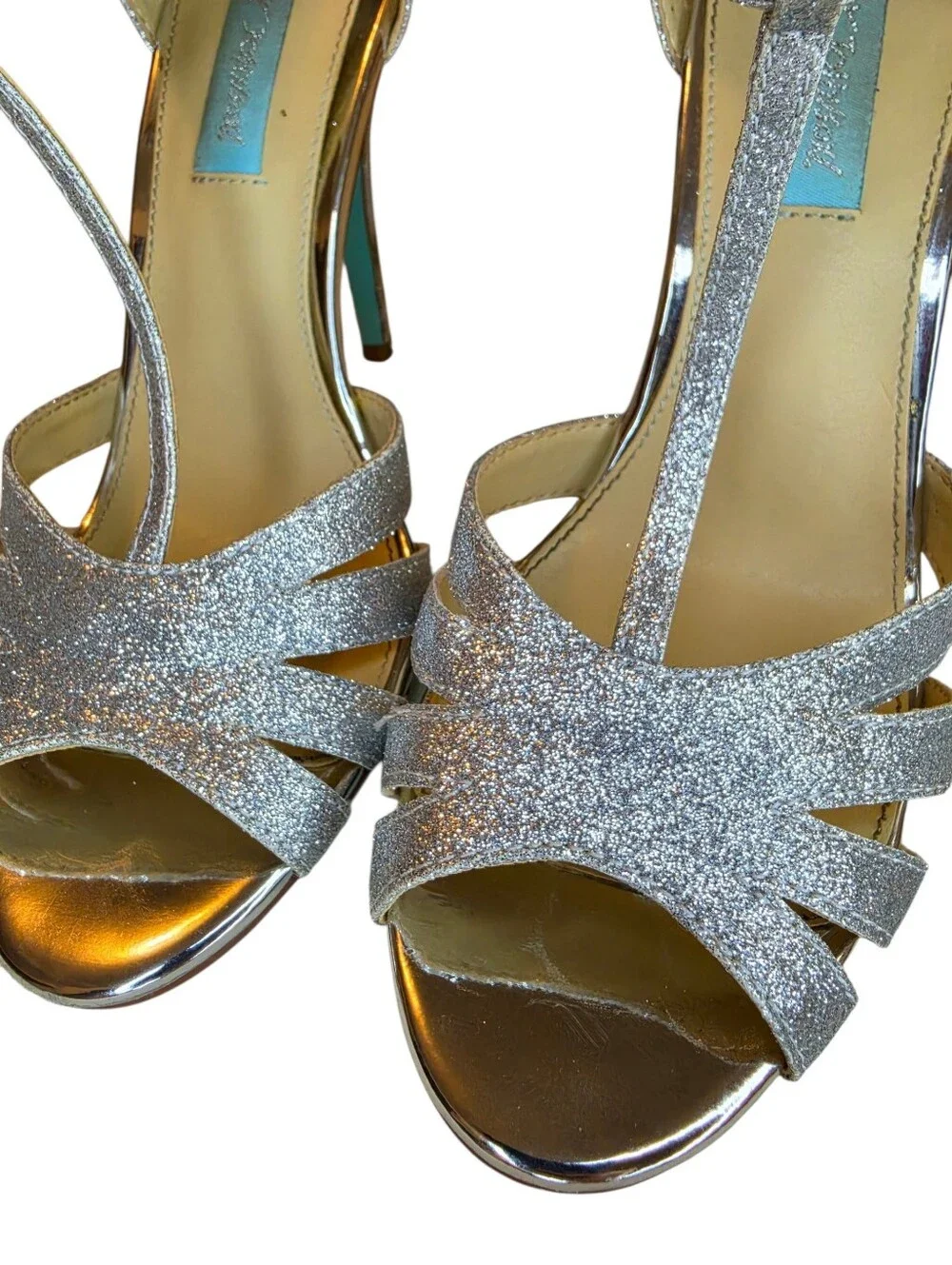 Betsey Johnson Blue SB-TEE Silver Glitter T-Strap Heeled Sandals, Size 8